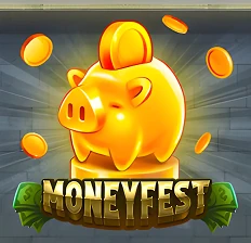 Golden piggy bank and coins from MoneyFest slot — win real rewards with Crowngreen