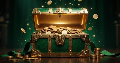 Golden treasure chest filled with coins — online casino bonuses at Crowngreen